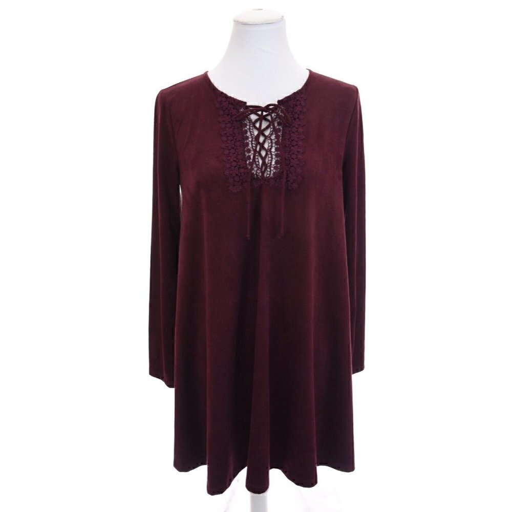 Altar'd State Lace Up Crochet Bib Faux Suede Swing Babydoll Dress Maroon Sz S